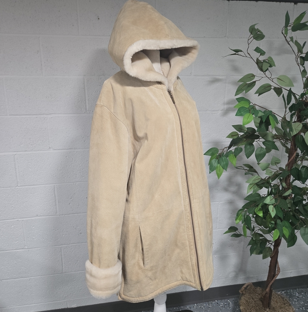 Genuine Suede Faux Shearling Faux Fur Hoodie Rancher Coat Tan Womens Large